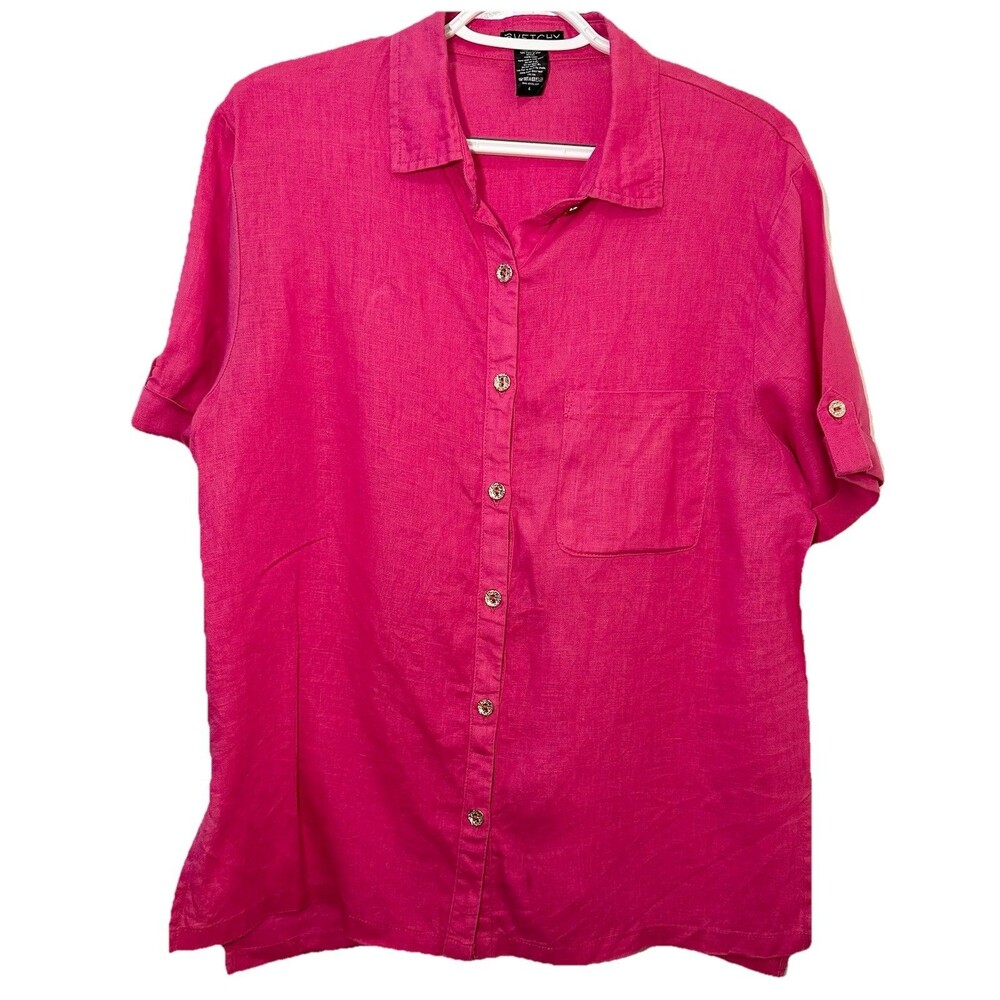 Vetchy Pink 100% Linen Button Up Shirt Women’s Large Short Sleeve Pocket